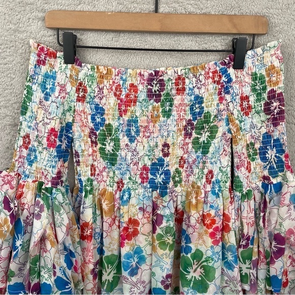 Mochi Dress Women Small Floral Red Blue Yellow Smocked Flare Sleeve Off Shoulder - Picture 7 of 16